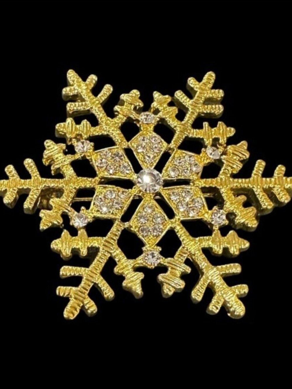 Gold-Tone Snowflake Brooch With Rhinestones Festive Winter Jewelry